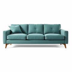 Modern teal sofa, minimalist design, wooden legs, Scandinavian style, light background, clean aesthetic, three-seater couch, textured fabric, throw pillows