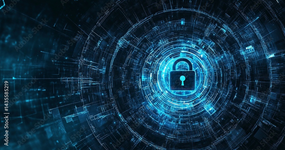Poster abstract digital security background with a padlock symbol in the center, surrounded by blue circula