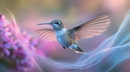 Fototapeta premium Hummingbird in flight near purple flowers with soft, dreamy background.