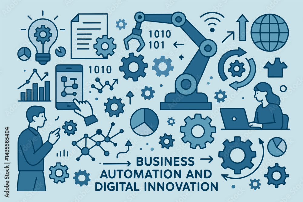Poster business automation and digital innovation. vector illustration of processes enhanced by technology.