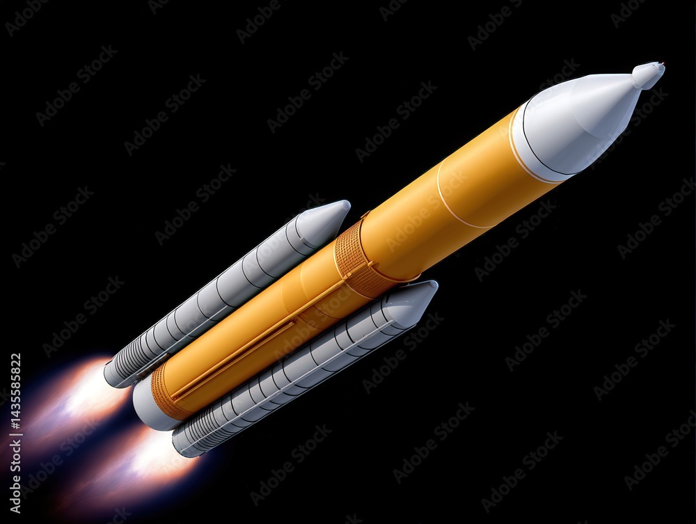Poster rocket ascending with visible trail in high contrast dark background with orange fuel tank structure