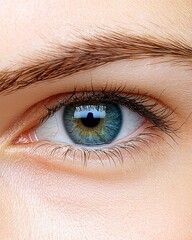 Obraz premium Intimate close-up of a woman's eye with long lashes and natural makeup highlighting unique beauty