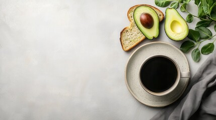 flat lay of minimalist breakfast with avocado toast and black coffee on neutral background