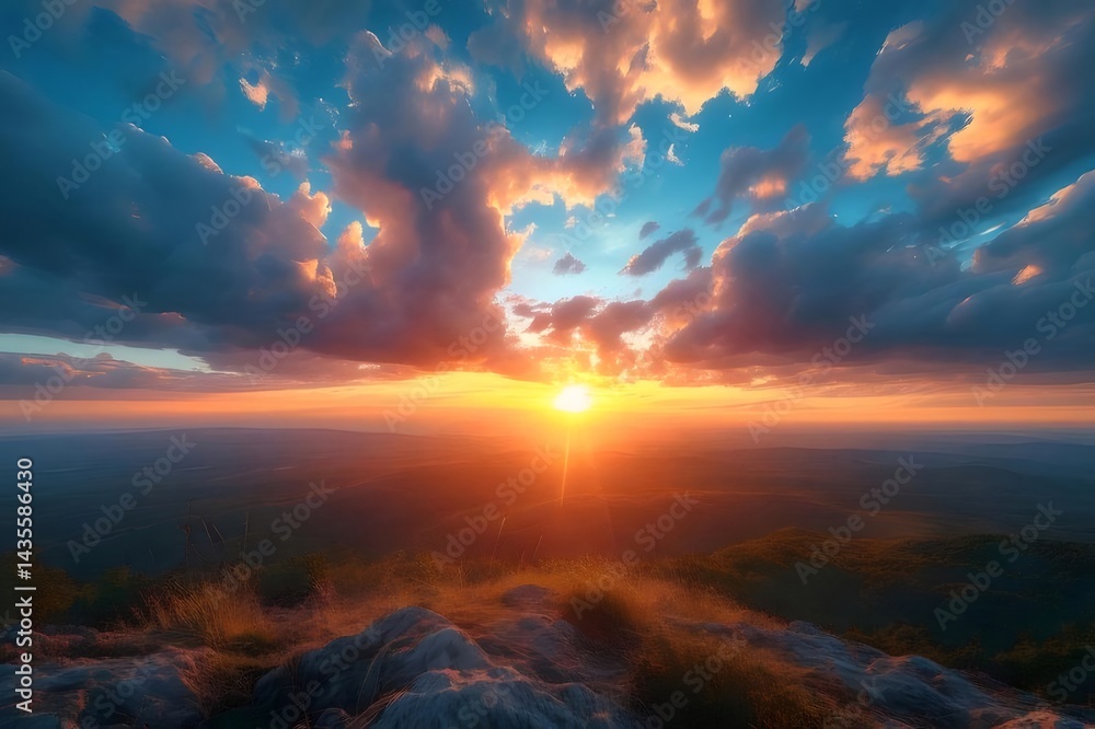 Aufkleber 夕焼け空の美しい風景 高い場所からの太陽光 雲と山のシルエット 自然の夕暮れ時の鮮やかなオレンジ色と輝き