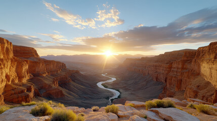 Golden sunset over wide desert canyon with deep shadows and winding river below