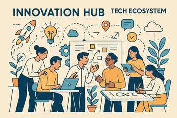 Innovation hub and tech ecosystem. Vector illustration of startups collaborating and creating. Great for incubators, co-creation, and creative spaces.
