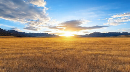 Fototapeta premium Golden grass field stretches under vibrant sunset sky, creating serene landscape