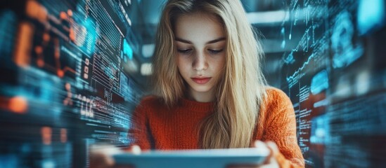 Woman using tablet in server room with data overlay