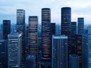 Obraz premium A panoramic twilight view of a dense cityscape, skyscrapers illuminated, showcasing modern architecture and urban density