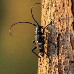 Macro of Asian Longhorn Beetle on Maple Tree, White Spots, Long Antennae, Soft Focus Morning Light