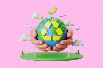 Fototapeta premium Cartoon Earth in Hands with Recycling Symbol, Airplanes, Windmills on Pink