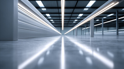 Obraz premium Long exposure of a modern empty warehouse corridor with bright lights reflecting on the polished concrete floor creating a futuristic atmosphere