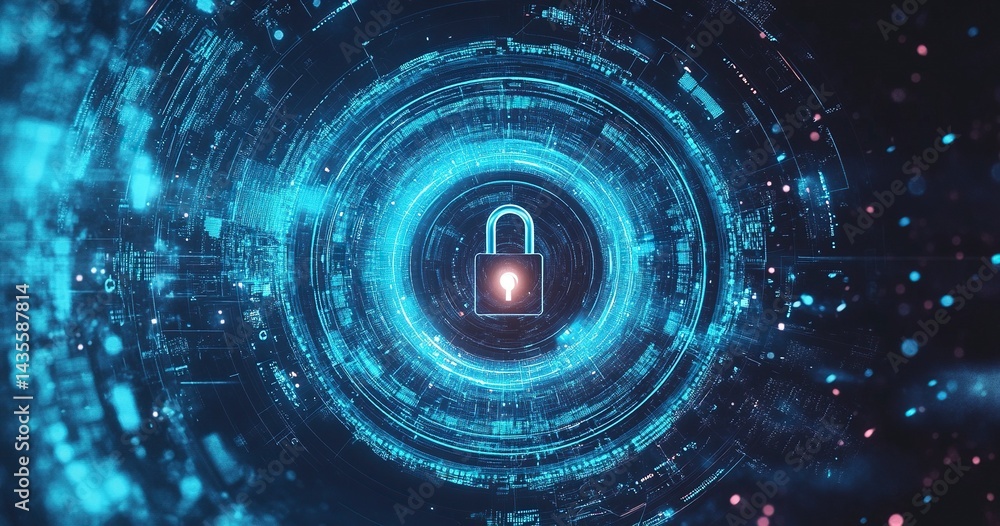 Poster abstract digital security background with a padlock symbol in the center, surrounded by blue circula
