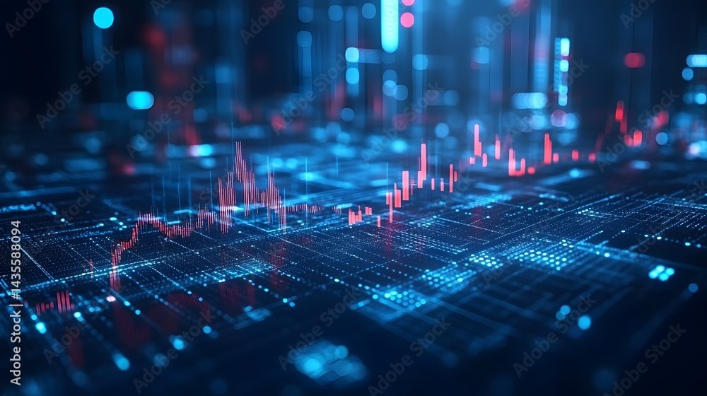 Poster futuristic financial data visualization with vibrant red stock graph against a glowing blue network.