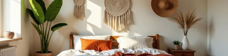 Cozy boho bedroom, macrame wall hanging, woven textiles, interior design, bed, space