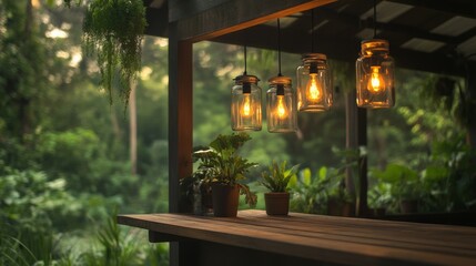 A sustainable home decorated with upcycled glass jars as hanging lanterns,