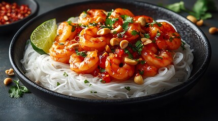 Spicy shrimp & rice noodles with peanuts and cilantro