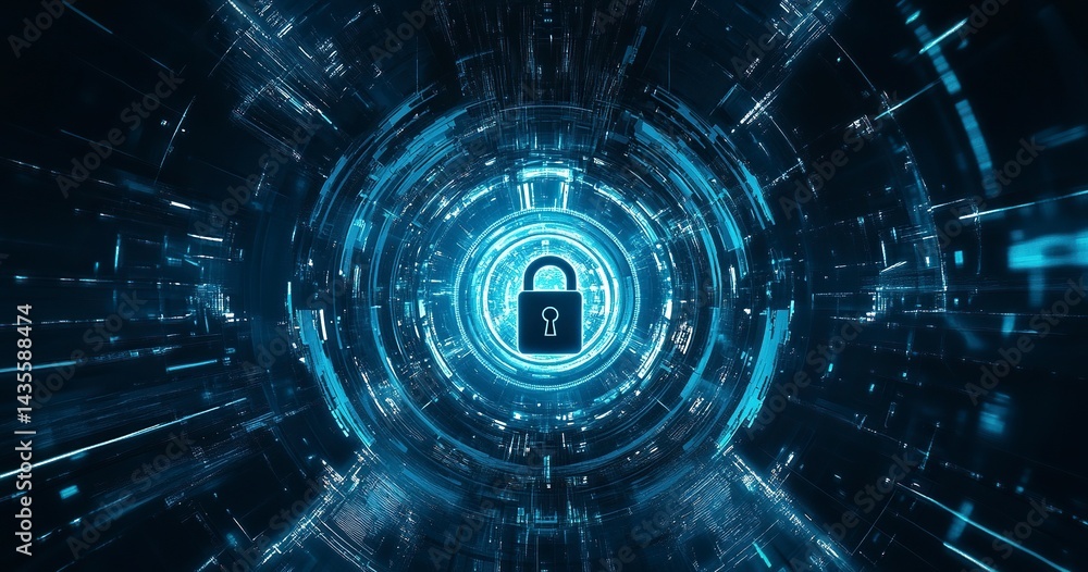Poster abstract digital security background with a padlock symbol in the center, surrounded by blue circula