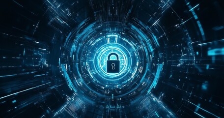 Fototapeta premium Abstract digital security background with a padlock symbol in the center, surrounded by blue circular patterns and glowing lines on a dark backdrop. Digital technology concept of data protection