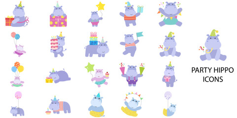 Party Hippo simple concept 24 hand drawn color icons set. Contains such hippo, cartoon, character, celebration .Vector illustration.