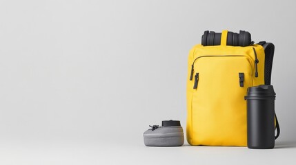 Obraz premium Yellow Backpack Travel Gear Minimalist Style Studio Lighting Full shot Product showcase Adventure preparation Neutral backdrop Bright cheerful mood E-commerce product photography