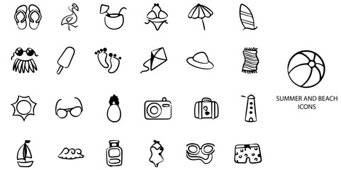 Summer and beach simple concept 24 hand drawn color icons set. Contains such beach, beach ball, beach holiday, coastline .Vector illustration.