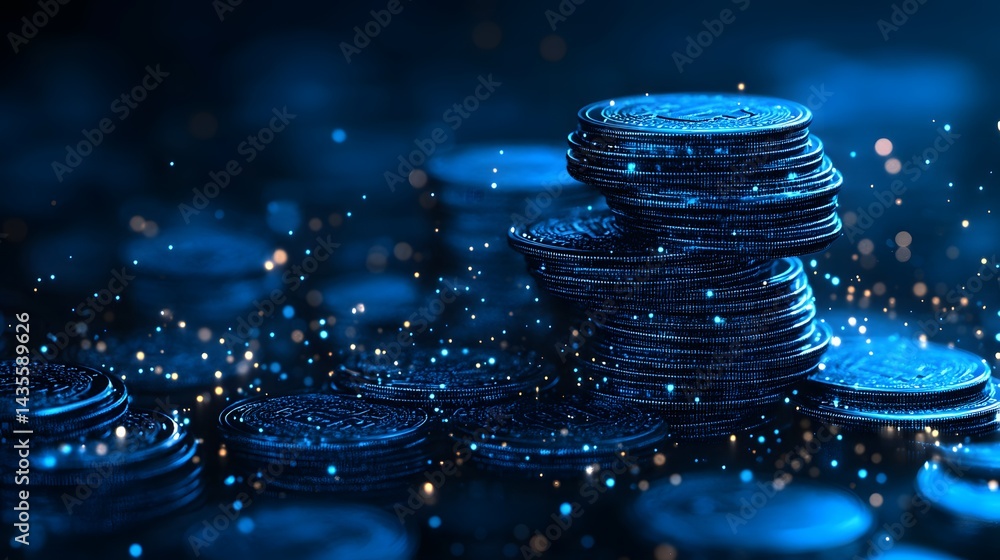 Poster stacks of textured coins gleam in a futuristic blue digital space. bokeh lights enhance the financia
