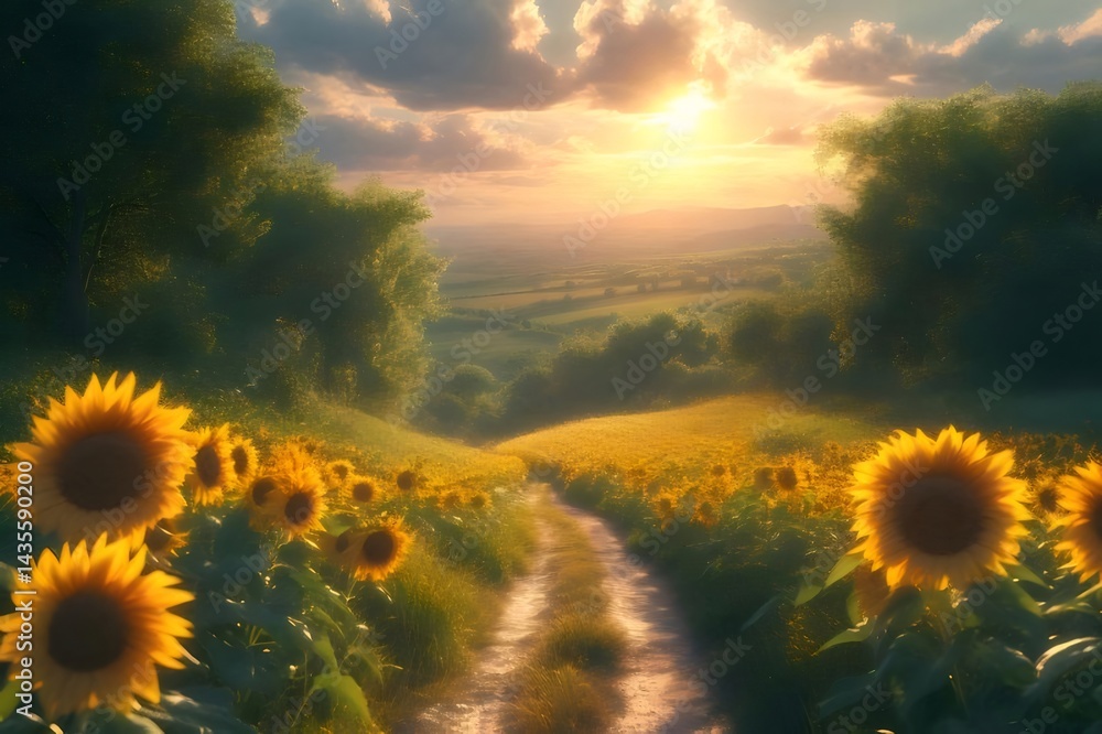 Poster 夏の日のひまわり畑 太陽の光が降り注ぐ黄色い花と緑豊かな風景への小道