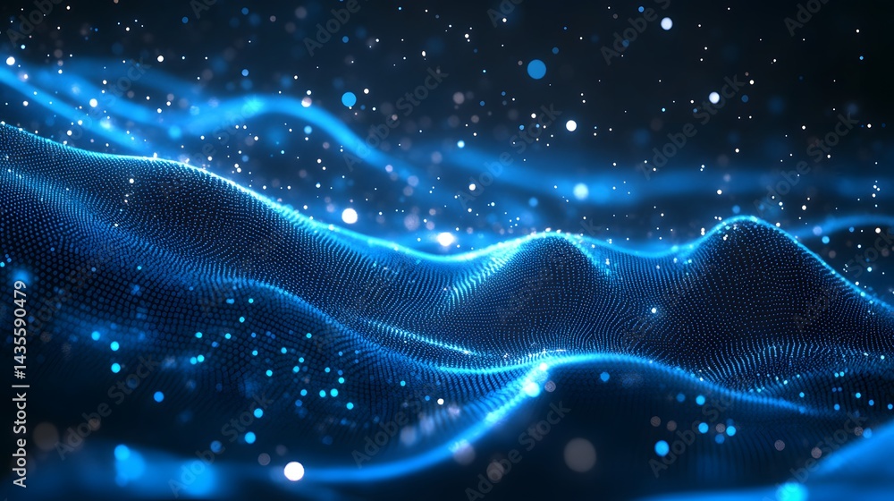 Poster A captivating digital landscape unfolds with rolling hills of vibrant blue dots, creating depth and texture. Ethereal bokeh lights enhance the futuristic atmosphere. Abstract wireframe in dark blue.