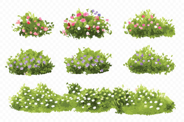 Nine Watercolor Bush Illustrations with Flowers