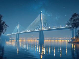 Obraz premium A serene night view of a modern bridge illuminated with lights over a calm river