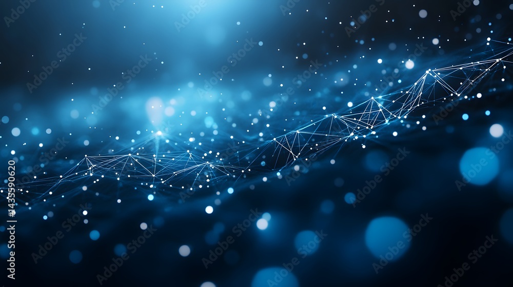 Aufkleber Futuristic technology illustration featuring a network of glowing nodes and connections against a dark blue backdrop. Bokeh effect adds depth and visual interest. Abstract wireframe in dark blue.