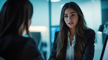 Fototapeta premium Two professional women engage in a discussion around a wooden conference table.
