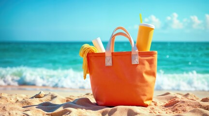 Summer beach bag with towel, sunblock, and drink inside

