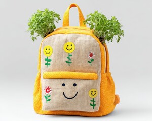 Cheerful Yellow Backpack with Smiling Faces and Green Plants for Children's Mental Health Week