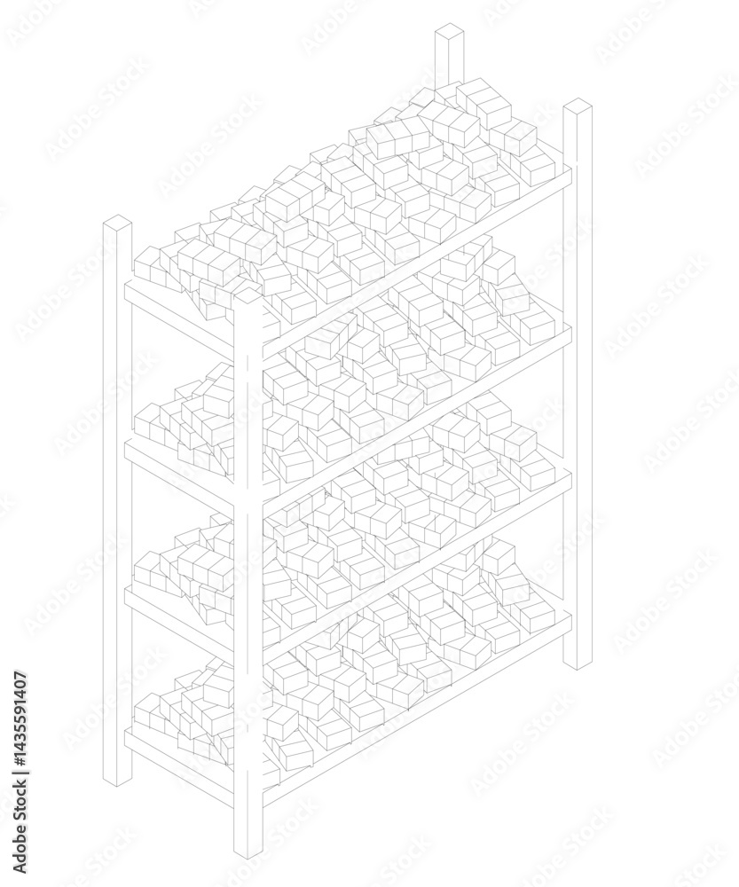 Poster a tall, narrow shelf with many boxes on it. the boxes are all different sizes and are stacked on top
