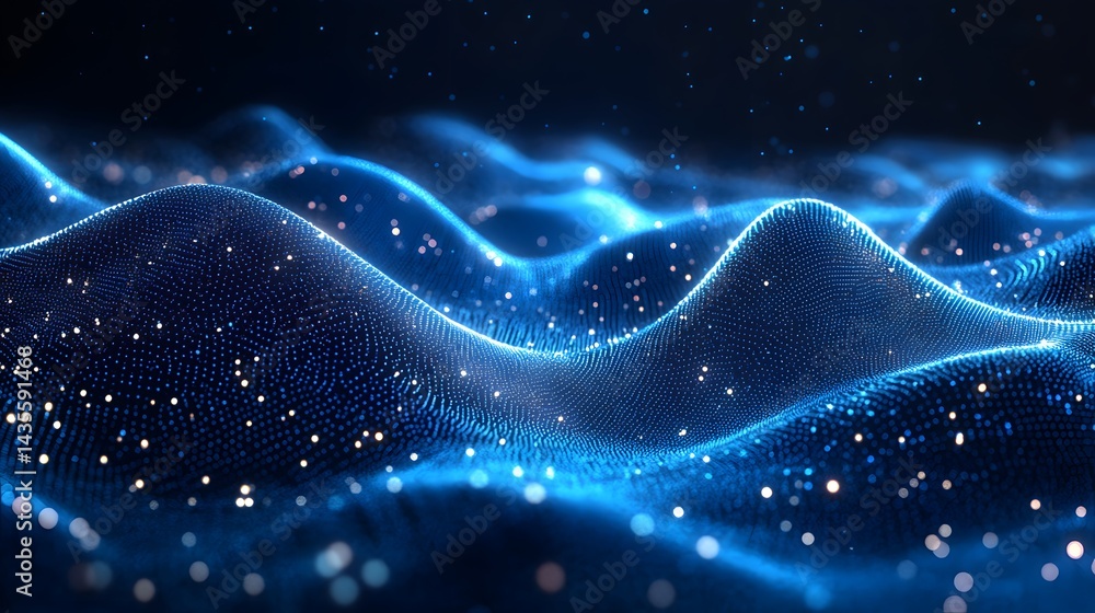 Poster Abstract digital landscape with blue dot waves and glowing orbs creates a futuristic tech feel. Data visualization meets art, glowing in digital dark. Abstract wireframe in dark blue