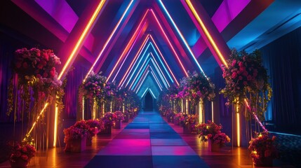 Contemporary Indian wedding decor with geometric mandap and neon lights