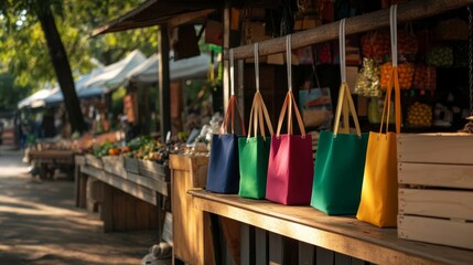 A vibrant farmers' market selling handmade upcycled tote bags and accessories,