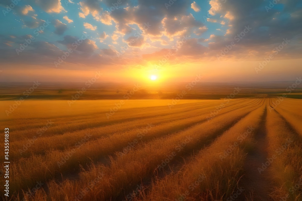 Aufkleber 夕日の光が黄金色の畑と雲を照らす美しい風景 太陽が地平線に沈むドラマチックなシーン