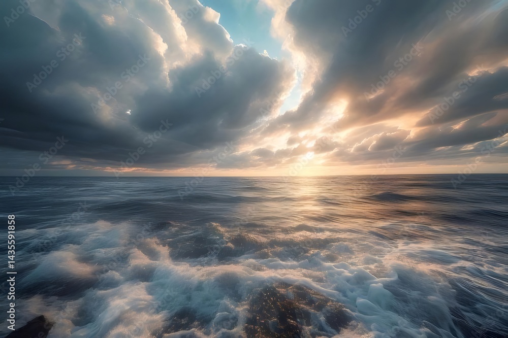 Aufkleber 夕日の光が海を照らすドラマチックな風景 青い空と雲のコントラスト 海面の輝きと自然の美しさ