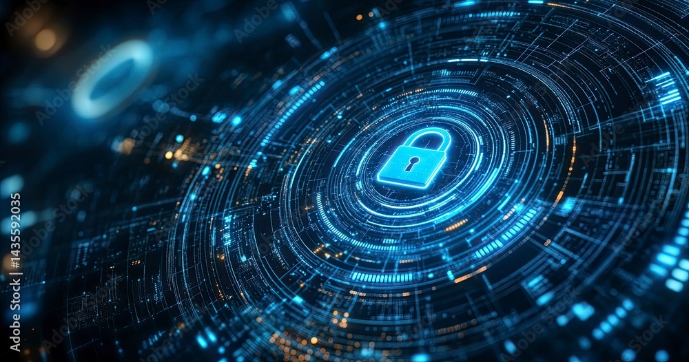 Poster abstract digital security background with a padlock symbol in the center, surrounded by blue circula