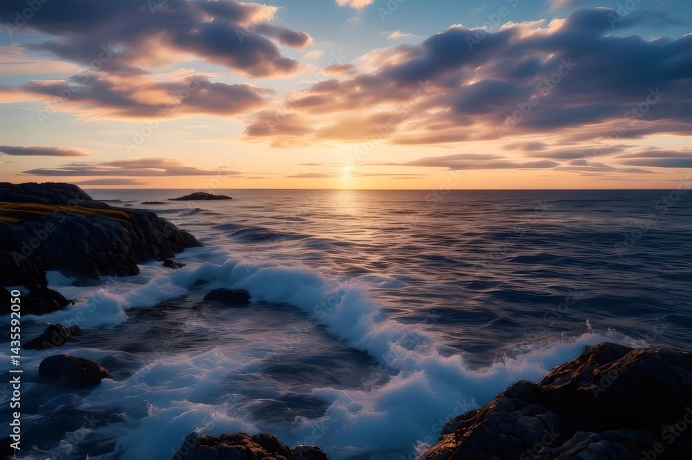 Poster 夕焼け空の下 海岸沿いの岩場に打ち寄せる波のドラマチックな風景 太陽の光が水面を照らす 鮮やかなオレンジと青色のコントラスト
