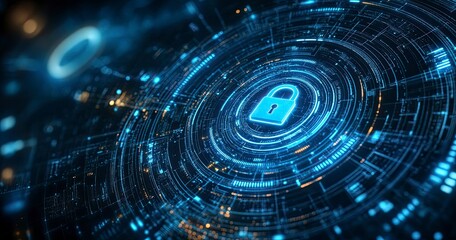 Obraz premium Abstract digital security background with a padlock symbol in the center, surrounded by blue circular patterns and glowing lines on a dark backdrop. Digital technology concept of data protection