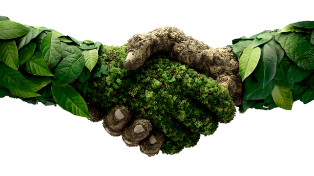 A symbolic handshake made of green leaves representing sustainability, cooperation, and environmental partnership.