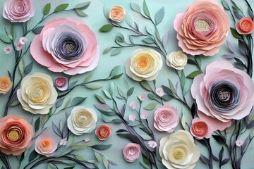 Delicate paper flowers in pastel hues on a mint backdrop.