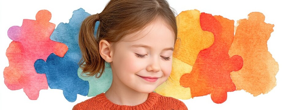 Child with closed eyes in front of colorful puzzle pieces representing mental health awareness for Children’s Mental Health Week - Powered by Adobe