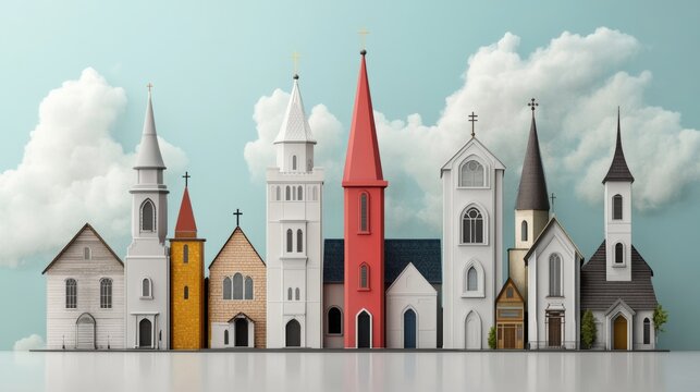A visual comparison of different Christian denominations, each represented by their distinct church architecture,