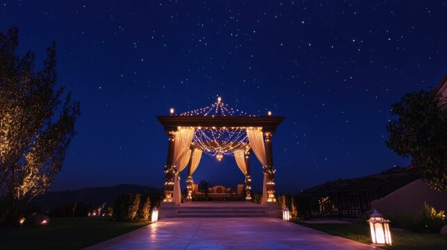 Nighttime Indian wedding setup with LED lights, glowing mandap, and stars in the sky