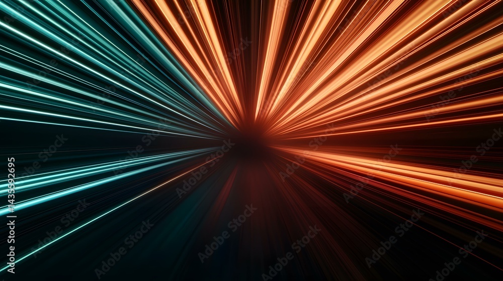 Poster the image contains a visually striking abstract representation of converging lines of light, radiati